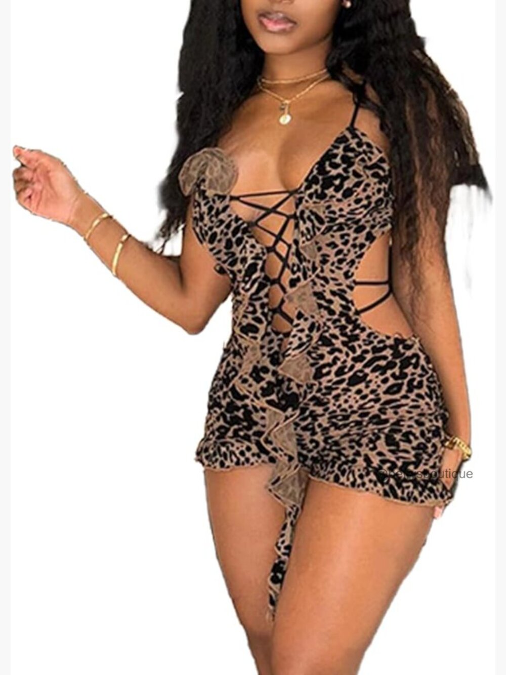 Sexy Leopard Print Mesh Romper Sleeveless Bodycon Shorts Jumpsuit Y2K One Piece - Picture 1 of 7
